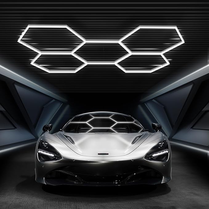 FERUERW Hexagon Garage Lights 3 Level Dimmable, High Brightness 168W 5600 to 18480 Lumens 6500K Honeycomb Led Light 5 Grid for Garage, Auto Beauty Shop, Car Detailing Shop, Workshop