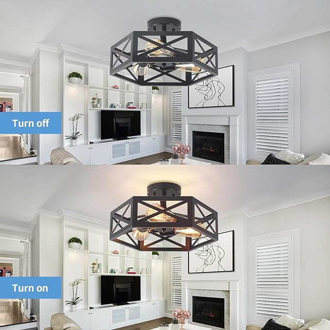Semi Flush Mount Ceiling Light, Black 3-Light Fixtures Ceiling Mount with Hexagon Cage, Metal Industrial Close to Ceiling Light for Hallway, Kitchen, Bedroom (Black, 14.56''L)