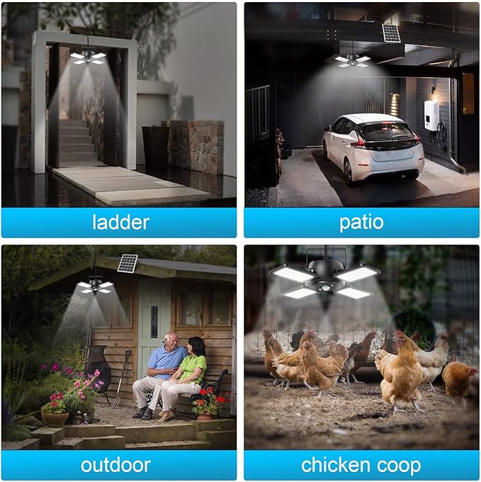 Latband Solar Pendant Light Outdoor Indoor Solar Powered Motion Sensor Shed Light,144LED 1200LM Daytime Work with 5 Lighting Modes Remote Control 4 Heads IP65 Waterproof for Garage Gazebo Barn