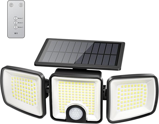 Brightown 1 Pack Solar Outdoor Lights, 2500LM 223 LED Solar Flood Outdoor Lights with Motion Sensor 3 Modes, 3 Head 270° Wide Angle Street Area IP65 Waterproof Security Wall Lights with Remote