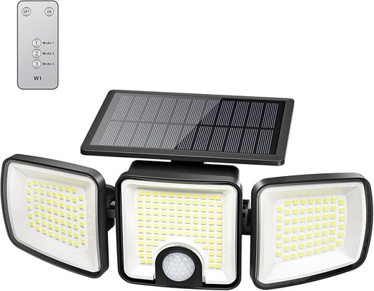 Brightown 1 Pack Solar Outdoor Lights, 2500LM 223 LED Solar Flood Outdoor Lights with Motion Sensor 3 Modes, 3 Head 270° Wide Angle Street Area IP65 Waterproof Security Wall Lights with Remote