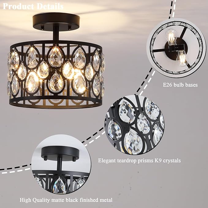 9 Inch Crystal Black Semi Flush Mount Ceiling Light,2-Light Modern Farmhouse Ceiling Light Fixture,Round Hallway Lighting Fixtures for Kitchen Entryway Bedroom Laundry