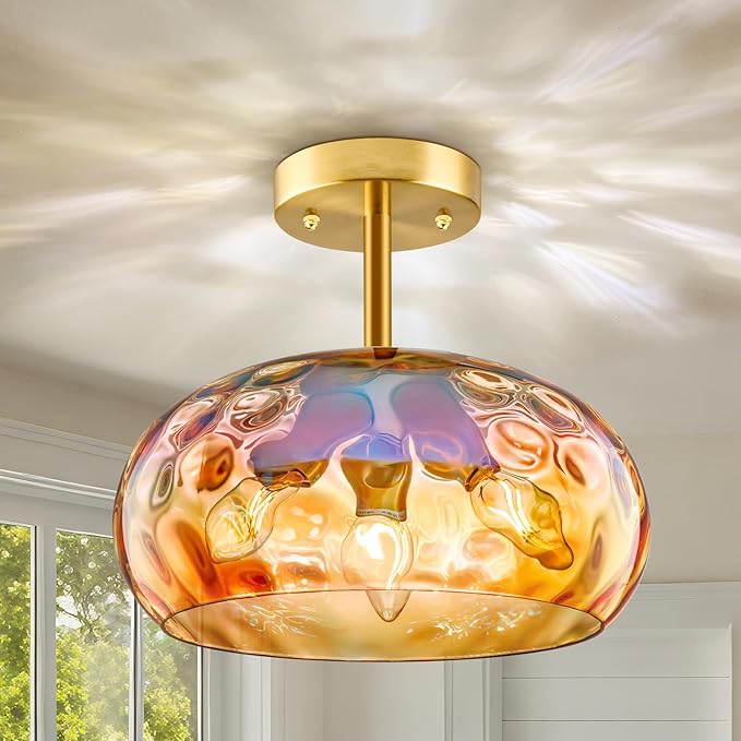 Vintage Ceiling Light Fixture, 12''& 3-Light Amber Indoor Semi Flush Mount Ceiling Light, Brass Rainbow Lampshade for Farmhouse, Bedroom, Kitchen, Living Room, Hallway Bulbs Not Included