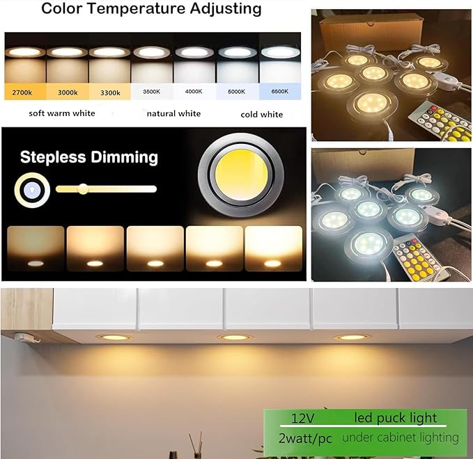 Smart Puck Lights LED Under Cabinet Lighting 2700k-6500k Dimmable Works with Alexa,Google Home,APP & Remote,12V,2W/pc,Recessed Kitchen Lamp Plug In for Counter,Display Shelf,2.5Inch Cutout,6pcs,Sliver