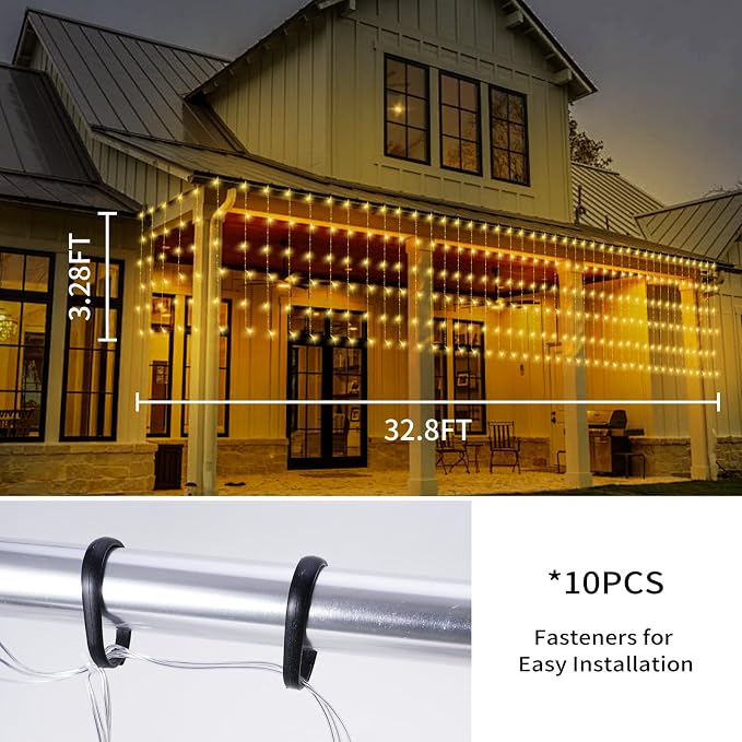32.8 * 3.28FT Large Size Solar Curtain Icicle Lights Outdoor, 8 Modes Outdoor String Icicle Curtain Lights, Solar Christmas Garden Light for Patio, Gazebo, Eaves, Fence, Tree, Porch (Warm White)