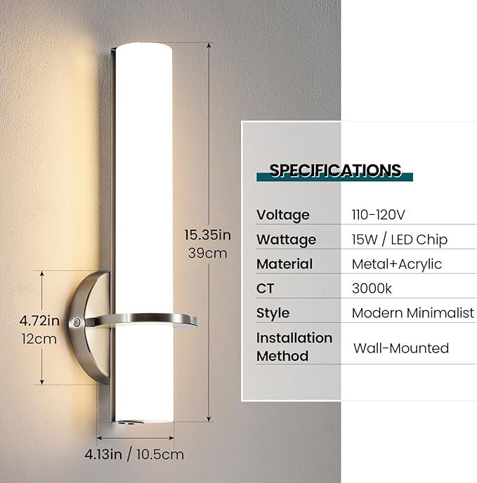AIJIASI Brushed Nickel Wall Sconces Set of Two - 15 inch Modern Bathroom Sconce 15W 3000K Dimmable LED Sconces Wall Lighting, Indoor Wall Sconce Light for Living Room Corridor Mirror Bedroom Stairs