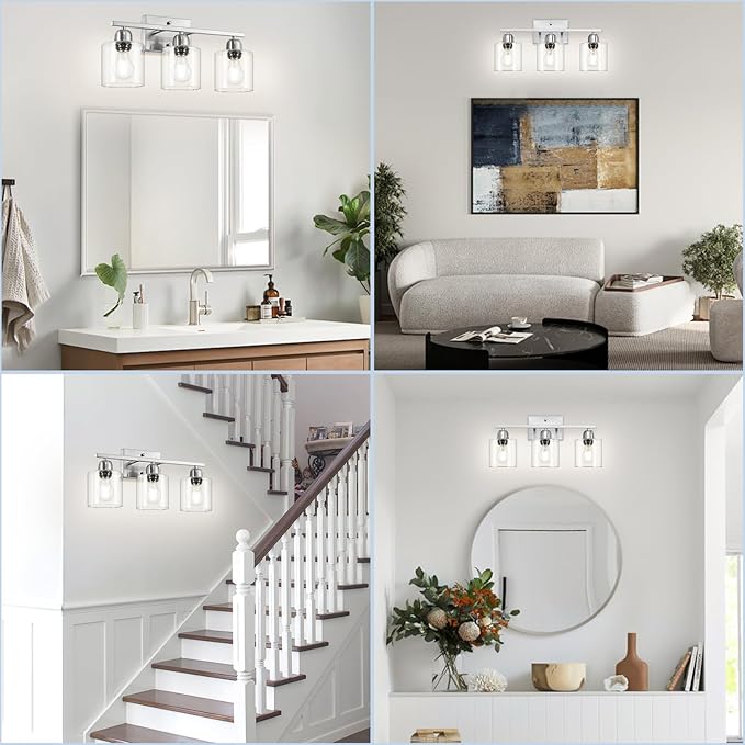 Modern Brushed Nickel 3 Light Bathroom Light Fixtures,19 inch Vanity Lights for Bathroom with Clear Glass Over Mirror for Mirror Kitchen Living Room