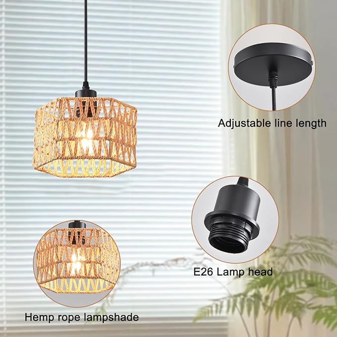 Woven Pendant Light Boho Chandelier, Rattan Pendant Lights Kitchen Island, Farmhouse Pendant Lighting with Hand Woven Wicker Shade, Boho Chandelier Light Fixtures Ceiling Hanging Light