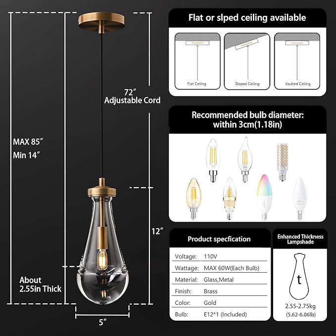 Raindrop Pendant Lights Kitchen Island Set of 3, Brass Teardrop Pendant Lights Dining Room Modern Gold Rain Pendants Glass Waterdrop Pendant Light for Island, Living Room,Included E12 Bulb