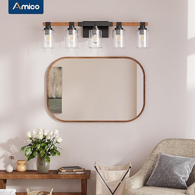 Amico Farmhouse Vanity Light Fixtures, Rustic 5-Light Industrial Painted Wood Lights for Bathroom, Vintage Black Wall Sconces with Bubble Glass Shade