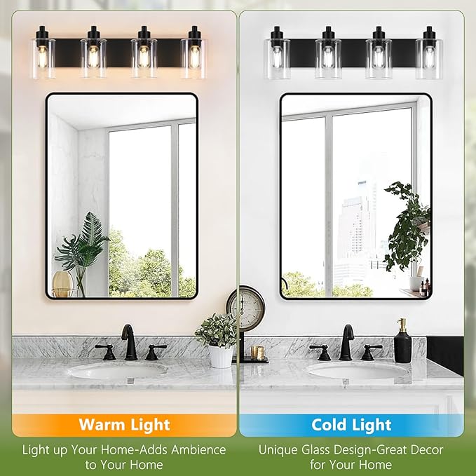 Dpyrrhic Bathroom Vanity Light, Modern Matte Black 4-Light Bathroom Lights Over Mirror with Clear Glass Shade,Wall Sconces for Bedroom,Living Room