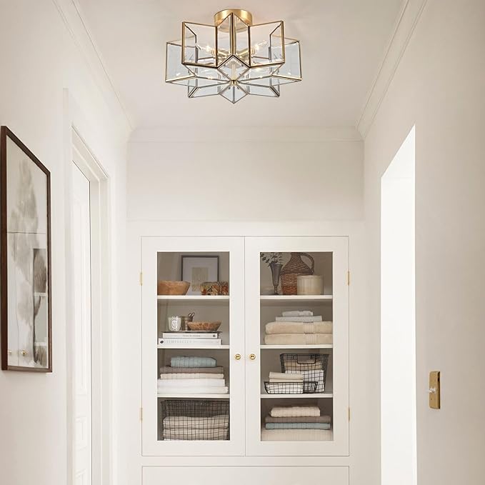 Milaii Star Semi Flush Mount Ceiling Light Fixture 16.3in Copper Brass Close to Ceiling Light Clear Glass 4-Light Hallway Lights for Kitchen Bedroom Foyer