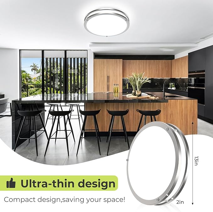 hepside 2Pack Flush Mount LED Ceiling Light with Remote, Dimmable& 3000K-6500K Adjustable Ceiling Light Fixture, Timer, Night Light, 13 inch Brushed Nickel Ceiling Lamps for Kitchen Bathroom Bedroom