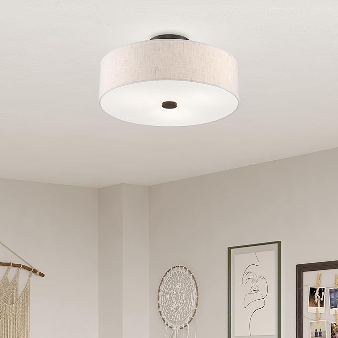 Livex Lighting 52135-92 Meridian Collection 3-Light Semi Flush Mount Ceiling Fixture with Oatmeal Color Fabric Hardback Drum Shade and Satin White Diffuser, English Bronze