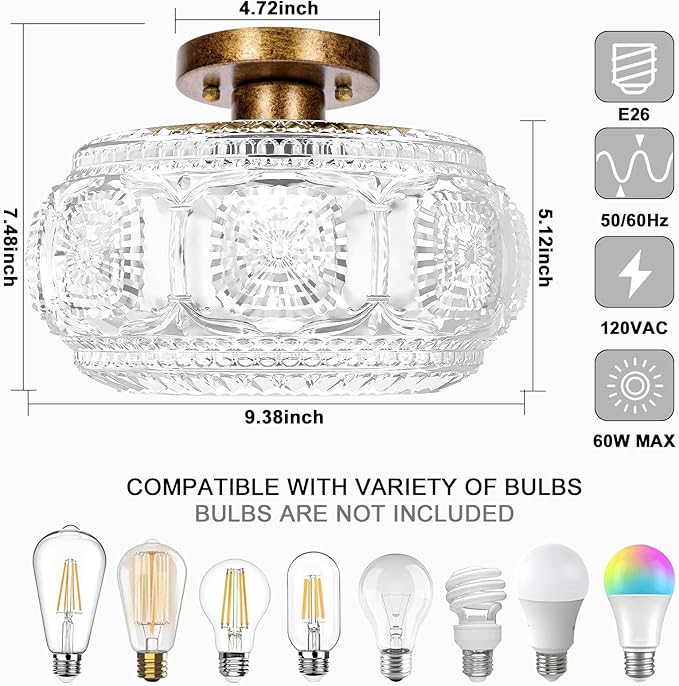 Semi Flush Mount Ceiling Light, Globe Glass Ceiling Light Fixture, Antique Bronze Modern Lighting for Hallway Bedroom Entryway Kitchen Porch, Bulb Not Included