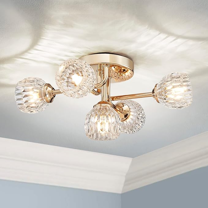 AGV LIGHTING Modern Ceiling Light, Sputnik Flush Mount Ceiling Light Fixture, G9 Base 5-Lights, D16 x H7, Clear Crystal & Shining Gold Finish Metal Frame