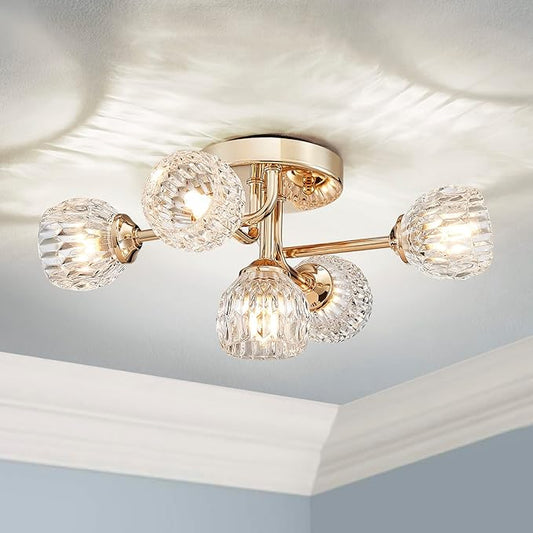 AGV LIGHTING Modern Ceiling Light, Sputnik Flush Mount Ceiling Light Fixture, G9 Base 5-Lights, D16 x H7, Clear Crystal & Shining Gold Finish Metal Frame