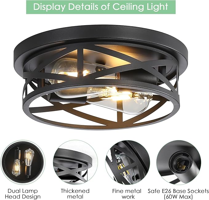 Farmhouse Ceiling Light Fixtures, 11 Inch Metal Cage Cross Close to Ceiling Lights 2-Light, Vintage Flush Mount Ceiling Lights for Bedroom Porch Kitchen Entrance Hallway, Black