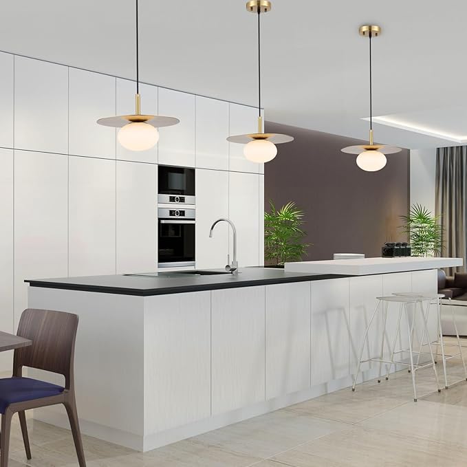 BYOLIIMA Modern Globe Pendant Lighting Milky White Glass Shade Brass Gold Farmhouse Pendant Light 11.81" Dome Industrial Mid Century Hanging Ceiling Light Fixture Kitchen Island Dinning Room Bedroom