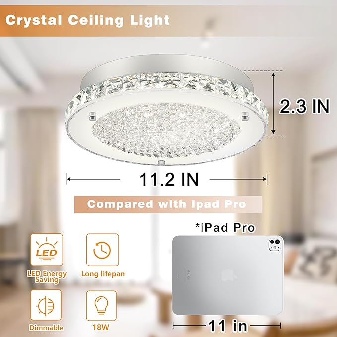 Crystal Ceiling Light Fixture 11" LED Crystal Bathroom Ceiling Light Fixtures Semi Flush Mount for Kitchen, Entryway, Foyer, Bathroom, Laundry Room, Cloakroom, Hallway 4000K (Dimmable)