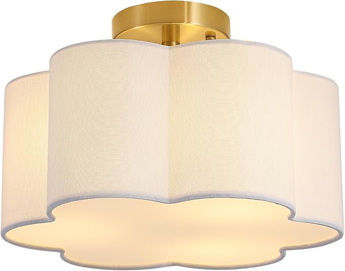 Semi Flush Mount Ceiling Light, 13" Ceiling Light Fixture with Flower-Shaped Fabric Shade, 3-Light Modern Ceiling Lighting Fixture for Bedroom Living Room Nursery Hallway, White Shade