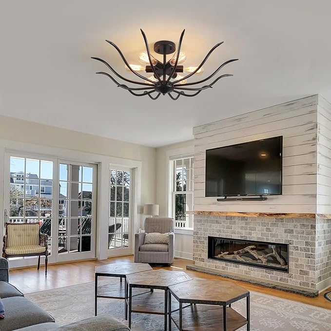 31.5" Semi Flush Mount Black Ceiling Light Fixture, 6-Light Modern Ceiling Living Room Light Fixture, Large Farmhouse Chandelier Dining Room Kitchen Bedroom Entryway Hallway Foyer Light Fixture