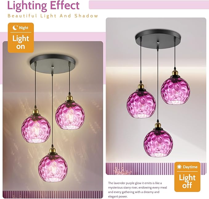 Mid Century Modern 3-Light Cluster Pendant, Hammered Purple Glass Globe Chandelier, Ceiling Hanging Light Fixture for Dining Room Table Kitchen Island Over Sink
