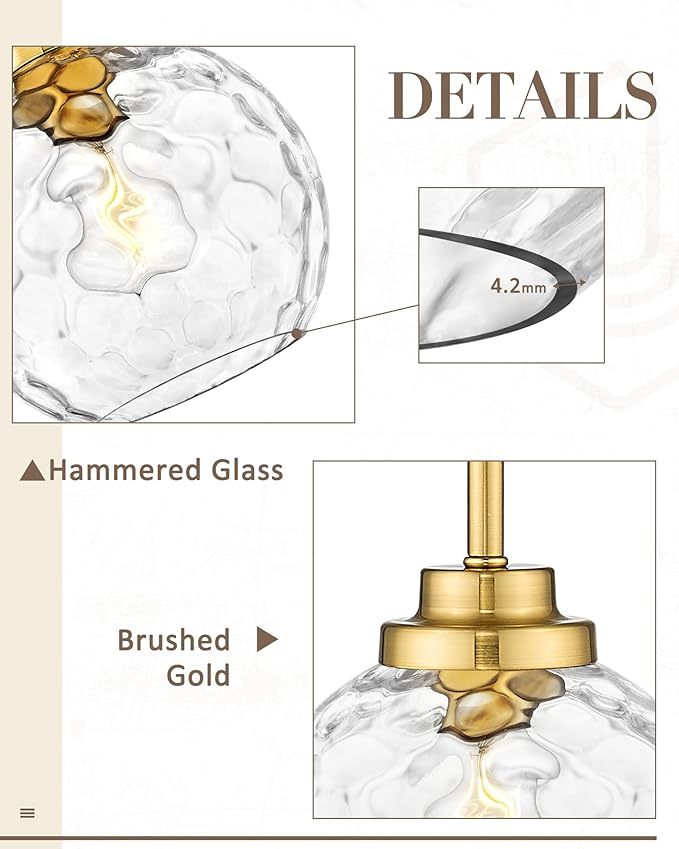8 Inch Modern Farmhouse Pendant for Kitchen Island, Adjustable Height Hanging Fixture with Hammered Glass,Brushed Gold Finish, Dining Room Entryway - PL101HBG-L