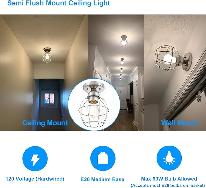 Farmhouse Ceiling Light Fixture, Vintage Semi Flush Mount Ceiling Light, Small Metal Cage Lighting Lamp for Hallway Entryway Kitchen Porch, Nickel Finish, 1-Pack