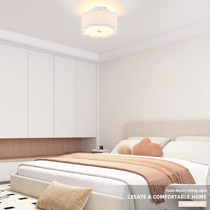 Drum Semi Flush Mount Ceiling Light, White Linen Fabric Shade Ceiling Light, Modern Farmhouse Close to Ceiling Light for Bedroom, Hallway, Living Room, Dining Room, Laundry Room