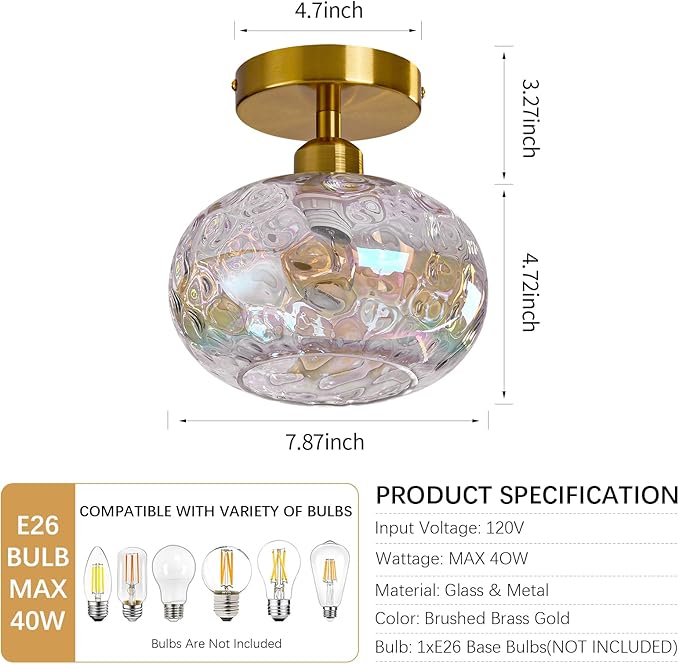 Vintage Glass Flush Mount Ceiling Light - 2 Pack，7.9 Inch Rainbow Hammered Glass Hallway Light fixtures Ceiling, Gold Semi Flush Mount Ceiling Light for entryway Foyer Laundry Room Kitchen