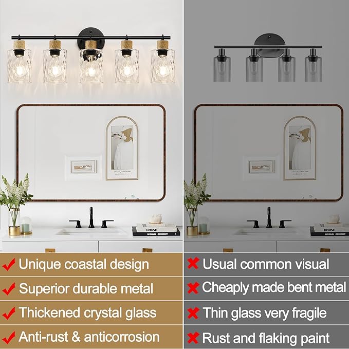 MOKATNG Bathroom Light Fixtures, 5-Light Coastal Vanity Lights with Crystal Glass Shade, Black Bathroom Wall Lamp for Mirror Kitchen Hallway Cabinet