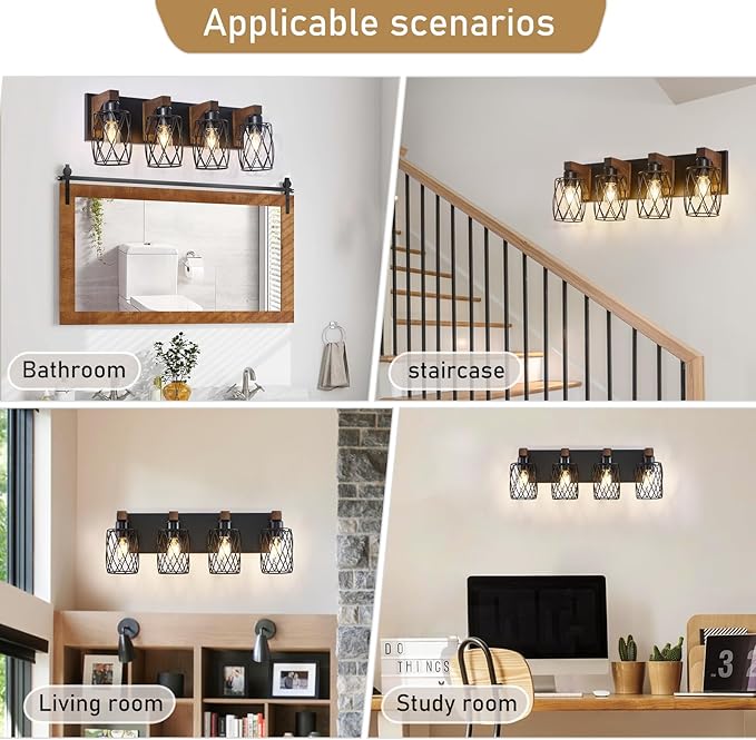 4-Light Farmhouse Bathroom Vanity Light, Wood Bathroom Lighting Fixtures Over Mirror, Black Bathroom Light Fixtures with Cage Metal Shade, Rustic Vanity Light with E26 Base