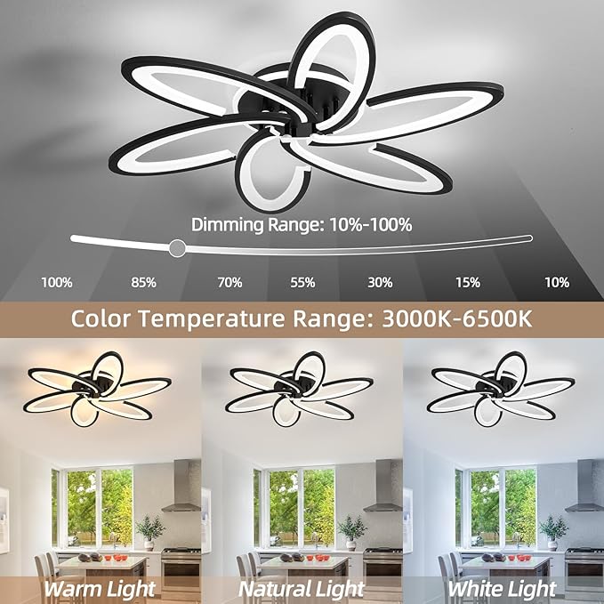 Modern LED Ceiling Light, 6+1 Rings 93W Dimmable Ceiling Light Fixtures 29.5" 3000K-6500K Flush Mount Black Flower Ceiling Lamp with Remote for Living Room,Bedroom,Kitchen