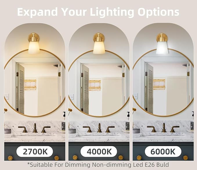 Modern Bathroom Light Fixtures,1-Light Brushed Gold Vanity Light Wall Sconce Vintage with Milk Glass