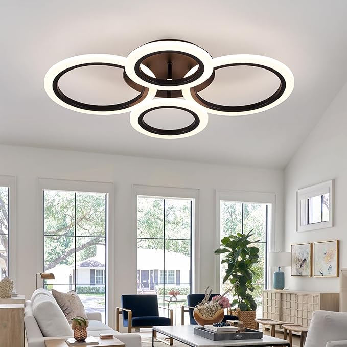 Modern Ceiling Lights 24" 40W, Dimmable Kitchen Lighting Fixtures Ceiling, 3000-6500K Light Fixture Ceiling Mount with Remote Control, Black 4 Ring LED Ceiling Light for Bedroom