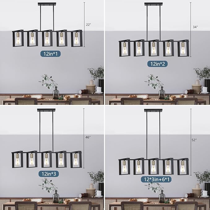 9MMML 41.5" Mid Century Dining Room Chandelier, Black and Gold Wood Pendant Light, Height Adjustable 5 Lights Fixtures for Kitchen Island Hallway Pool Table