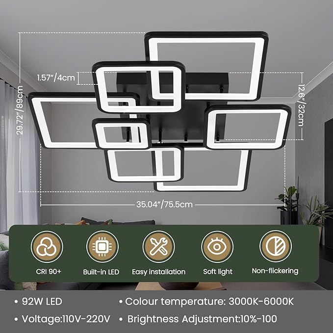 Modern LED Ceiling Light 35.04" Dimmable Black Flush Mount Ceiling Light with Remote 7 Rings 90W 3000K-6500K Ceiling Lamp for Living Room,Bedroom,Kitchen