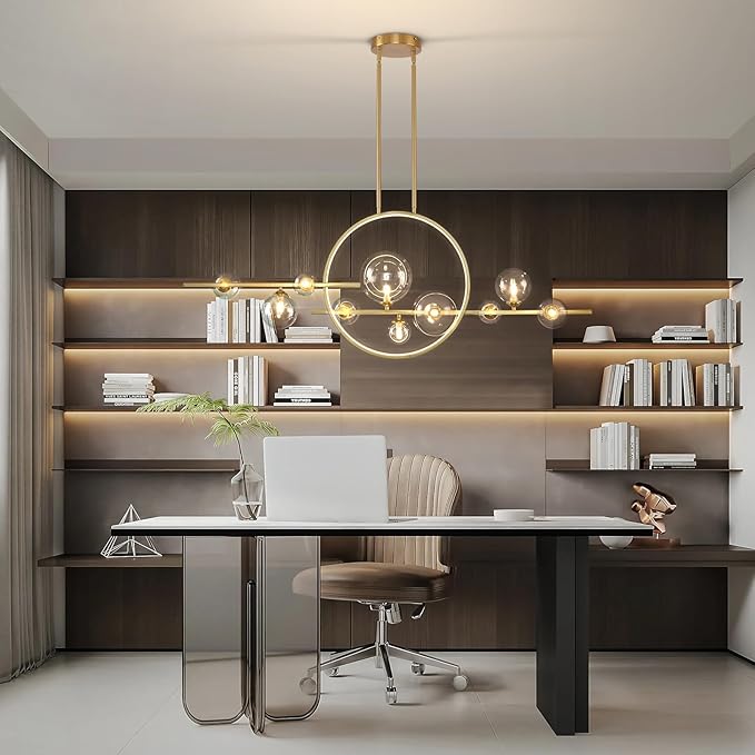KELUOLY 10-Light Gold Kitchen Island Light, 54" Modern Dimmable Mid-Century Dining Room Chandelier, Linear Sputnik Pendant Lights with Globe Clear Glass Shade for Dining Room Kitchen Island, bar