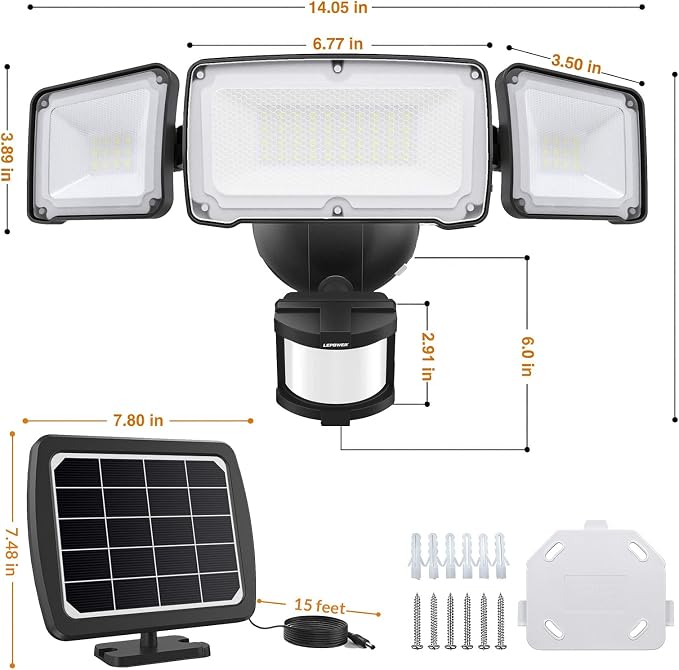LEPOWER 1600LM LED Solar Security Lights Motion Outdoor, 5500K White Light, IP65 Waterproof Outside Flood Solar Light for Yard, Garage（Black）