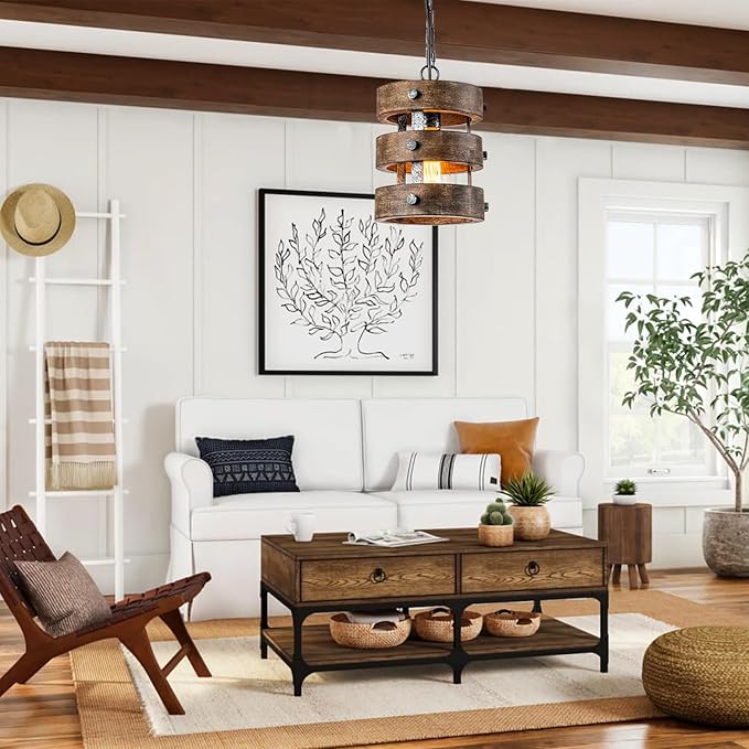 Farmhouse Wood Pendant Lights Kitchen Island, Dining Room Lighting Fixtures Over Table, Rustic Chandelier, Height Adjustable Hallway Light for Foyer Living Room Bar Restaurant