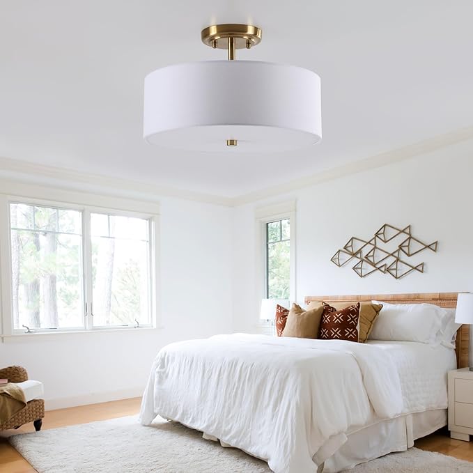13.8 Inch Semi Flush Mount Ceiling Light Fixture, 3-Light Modern Farmhouse Drum Pendant with Fabric Shade for Bedroom Hallway Entryway Living Room (White+Brushed Bronze)
