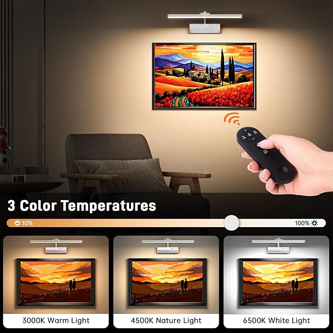Picture Light, 15.35inch Wireless Picture Lights for Wall Rechargeable, Battery Wall Lights for Pictures, 3 Color Art Lighting for Paintings with Timer and Dimmable for Display Gallery Frame (Silver)
