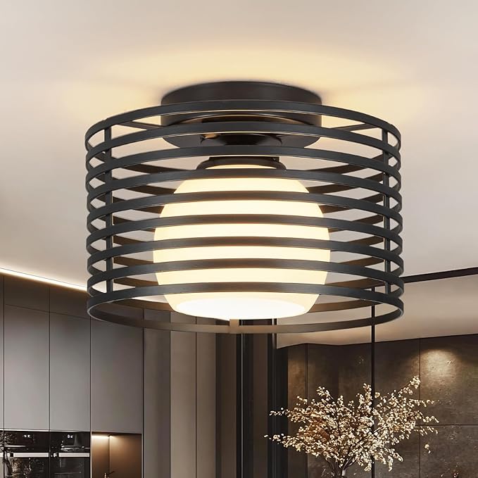 Modern Industrial Semi Flush Mount Ceiling Light, 1-Light Black Farmhouse Ceiling Light Fixture with Glass Shade, Hallway Lighting Fixture for Kitchen, Bedroom, Bathroom, Foyer, Laundry room 9.0in