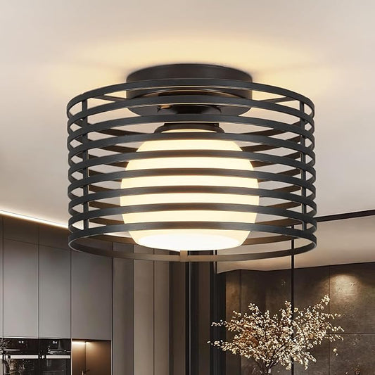 Modern Industrial Semi Flush Mount Ceiling Light, 1-Light Black Farmhouse Ceiling Light Fixture with Glass Shade, Hallway Lighting Fixture for Kitchen, Bedroom, Bathroom, Foyer, Laundry room 9.0in