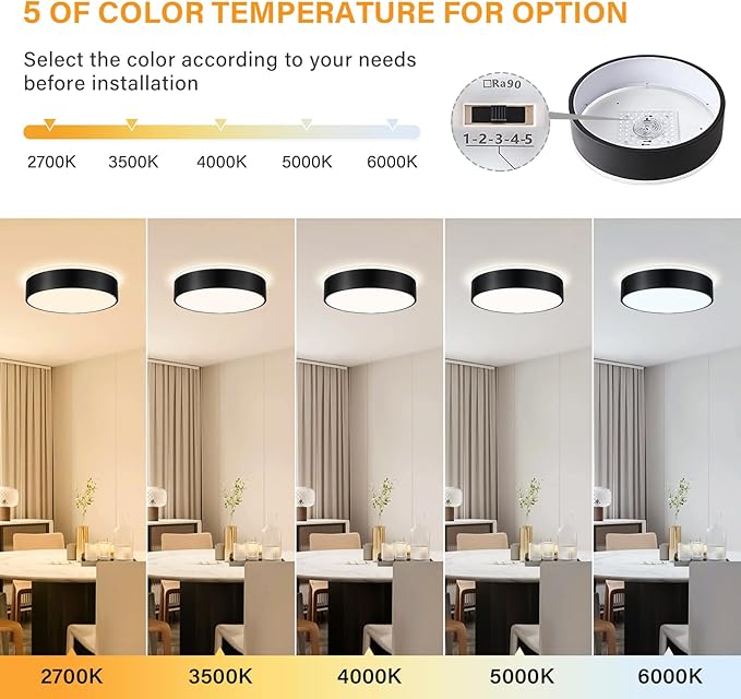 Black Flush Mount Ceiling Lights, Modern Dimmable 5CCT Close to Lighting Fixture, 2700K-6000K LED Round Ceiling Lamp for Bedroom, Bathroom, Dining Room, Living Room-15.8in