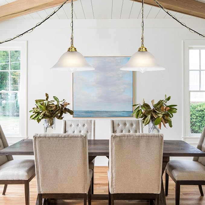 Plug in Pendant Light Alabaster Glass Shade Hanging Lamp with On/Off Switch,16.4Ft Cord & 14.7Ft Chain Dimmable Brass Swag Light Fixture for Kitchen Sink Bar Nook Farmhouse