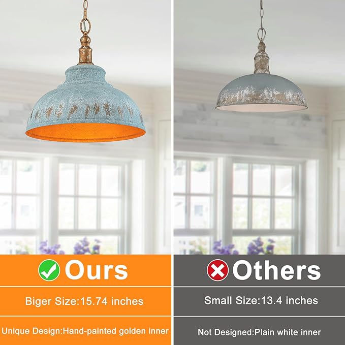 Single Pendant Lights, 15.75” Peacock Green Kitchen Island Lighting, Hanging Lamp for Dining Room, Vintage Light Fixtures for Living Room with Adjustable Chain for Flat Sloped Ceilings