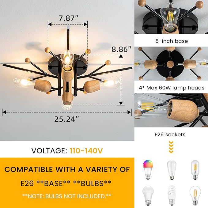 4 Light Sputnik Light Fixture Black Flush Mount Lights Industrial Ceiling Light Wood 25.24" Modern Farmhouse Ceiling Lights for Kitchen Bedroom Bathroom Foyer Hallway(E26)
