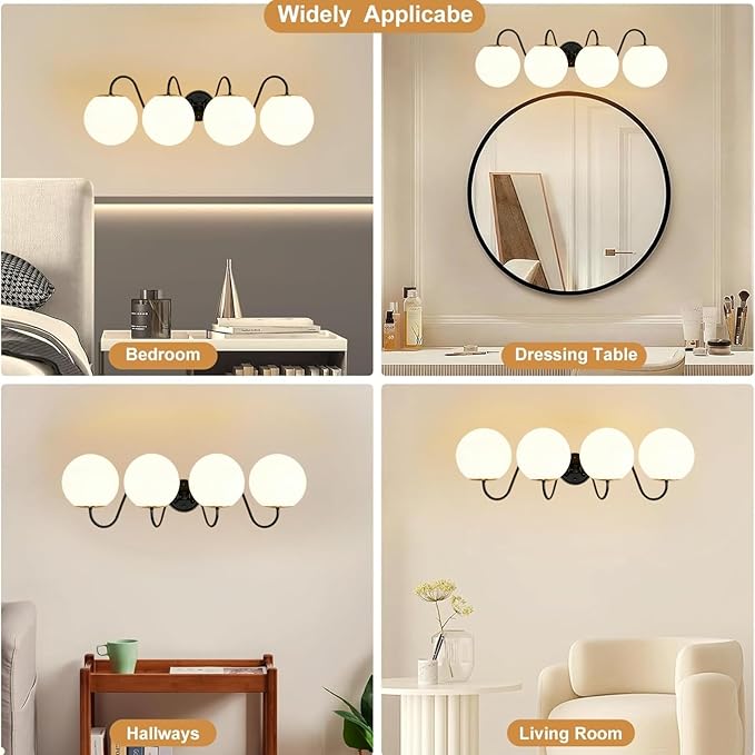 4 Lights Vintage Bathroom Vanity Light Fixtures Over Mirror, Matte Black Vanity Lights For Bathroom With Milk White Glass Globe Shade, Wall Lights For Bedroom, Hallway, Dressing Table(Includ G9 Bulbs)